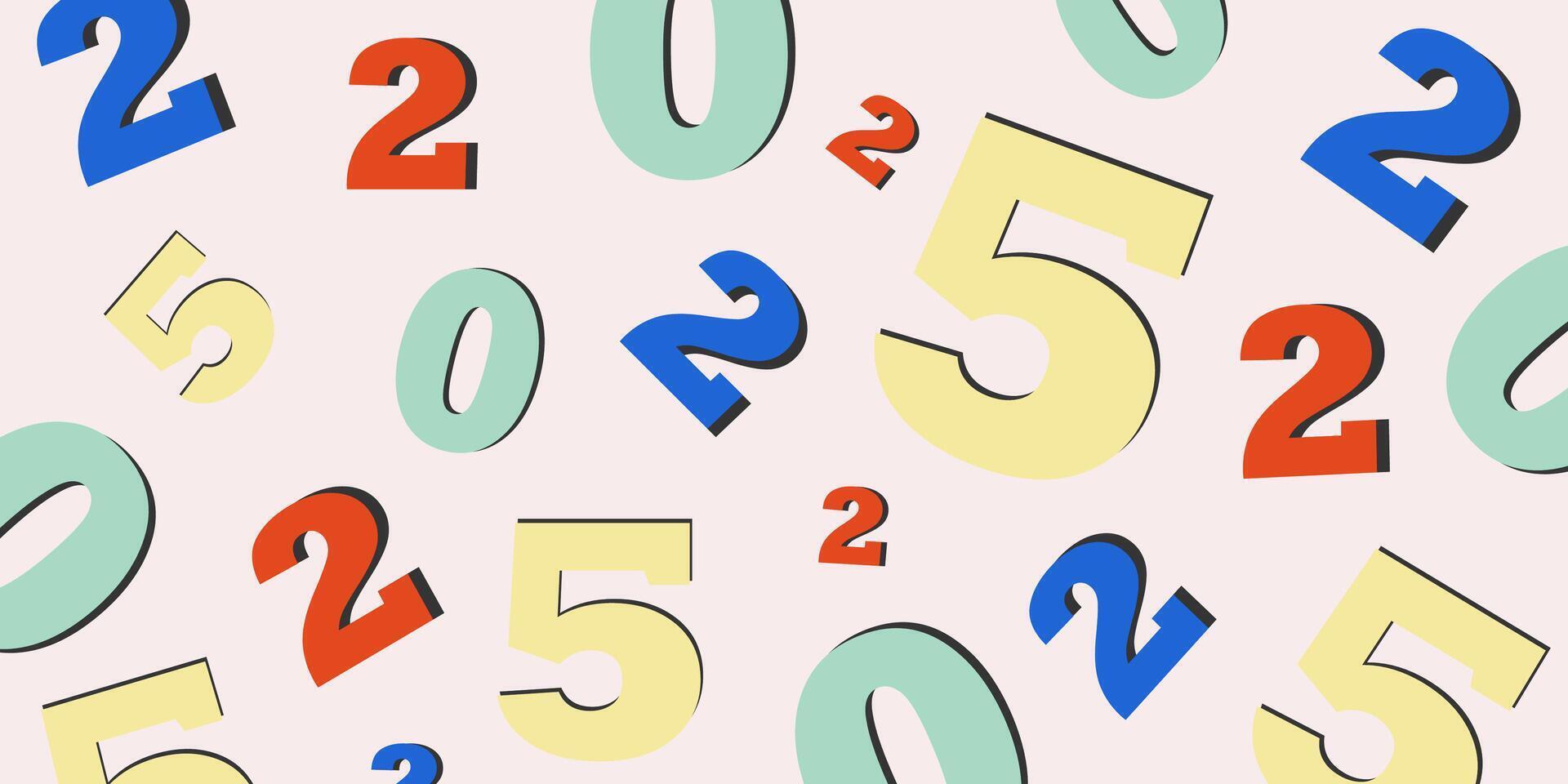 2025 horizontal banner with scattered numbers of different size. Trendy winter holiday design template with funny grouped numbers. vector