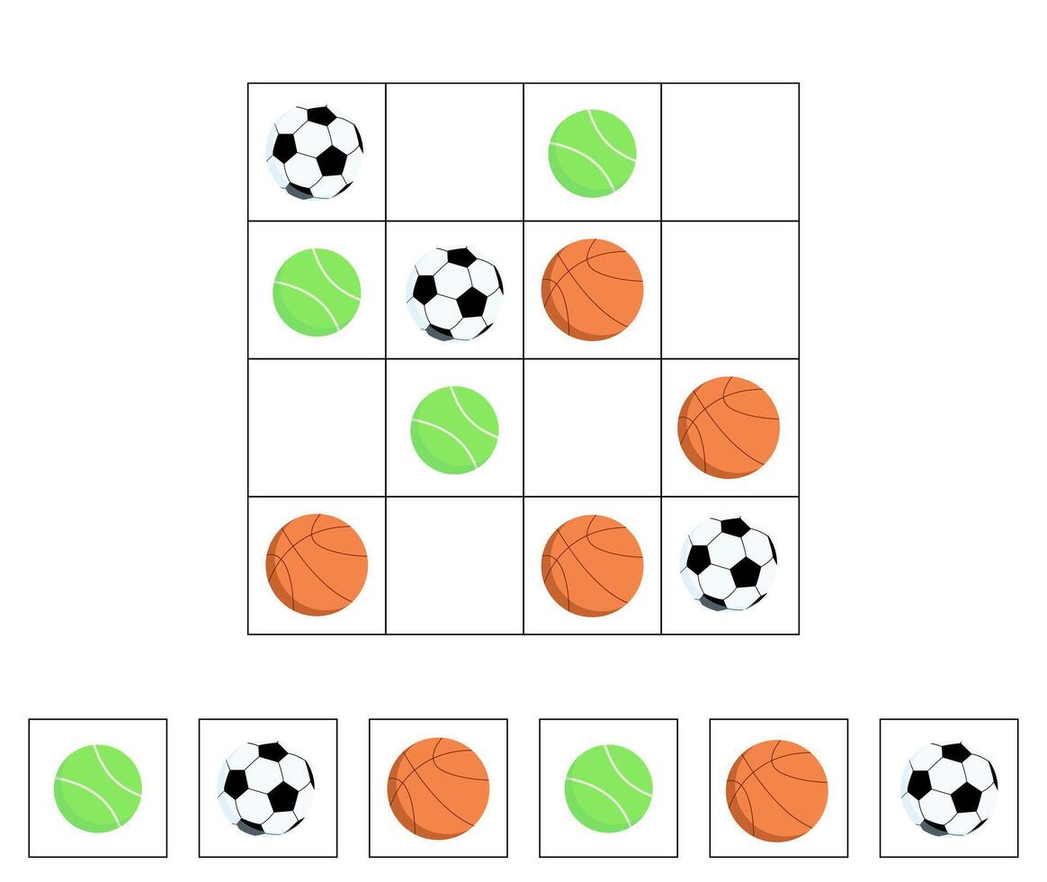 Sudoku for kids with sport balls. Educational game for kids worksheet. Football, basketball, tennis, soccer items. Find the right next image. What comes next activity page. vector