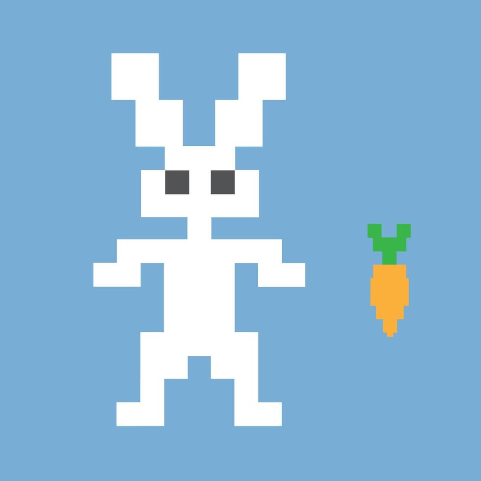 Pixelated hare with carrot isolated on blue background. vector