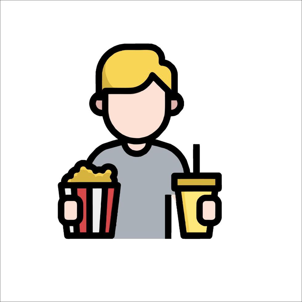 A man holding a drink and popcorn icon vector