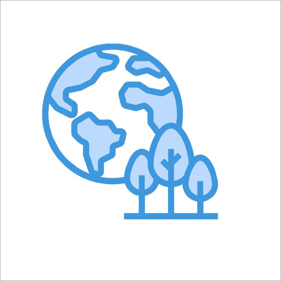 A blue line icon of trees and a globe vector