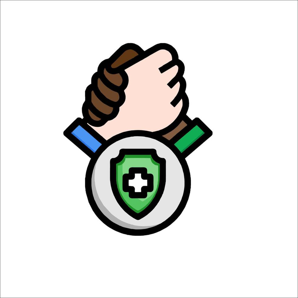 Two hands holding a shield and a green cross vector