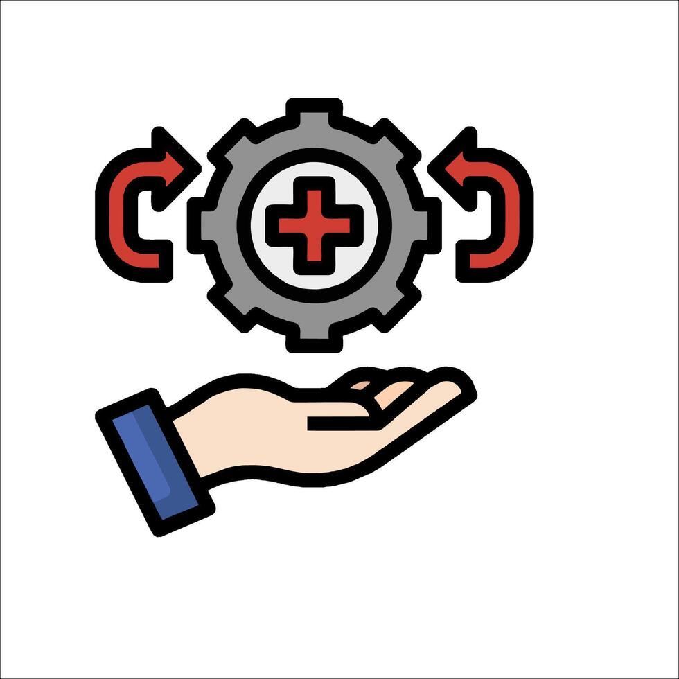 A hand holding a gear with a red cross on it vector