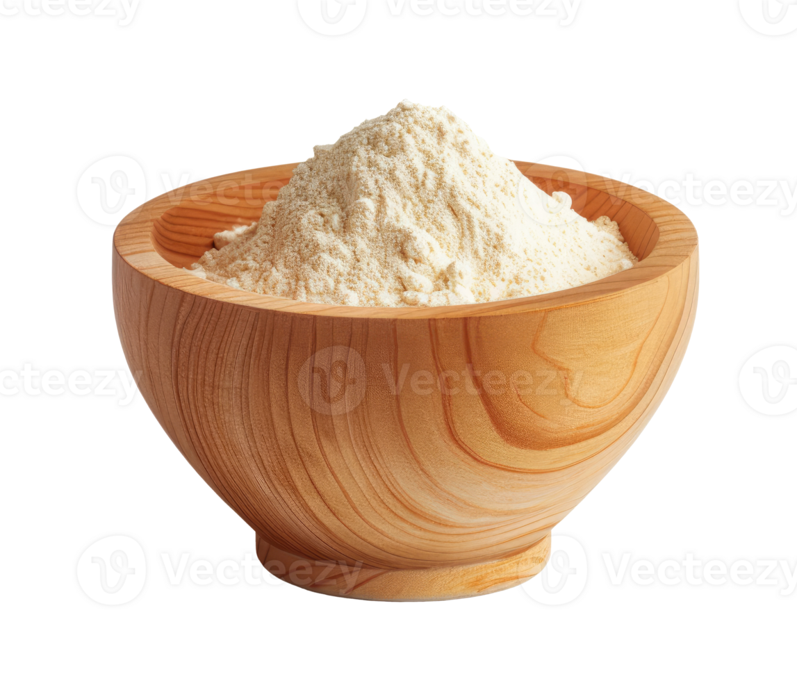 Wooden bowl with wheat flour isolated on transparent background png
