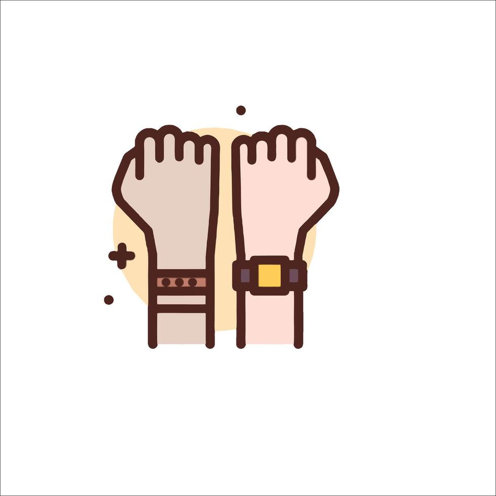 Two hands with wristbands on them, one with a watch and the other with a bracelet vector