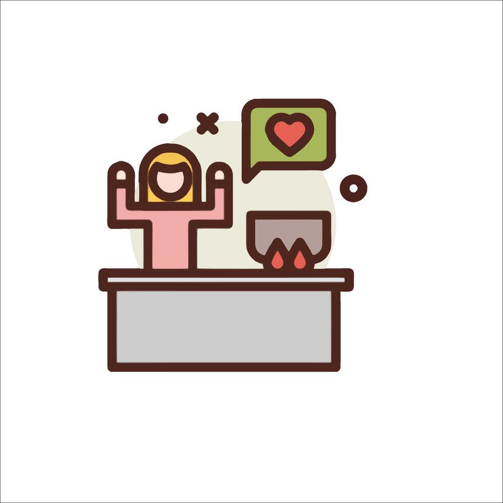 A woman is sitting at a desk with a heart vector