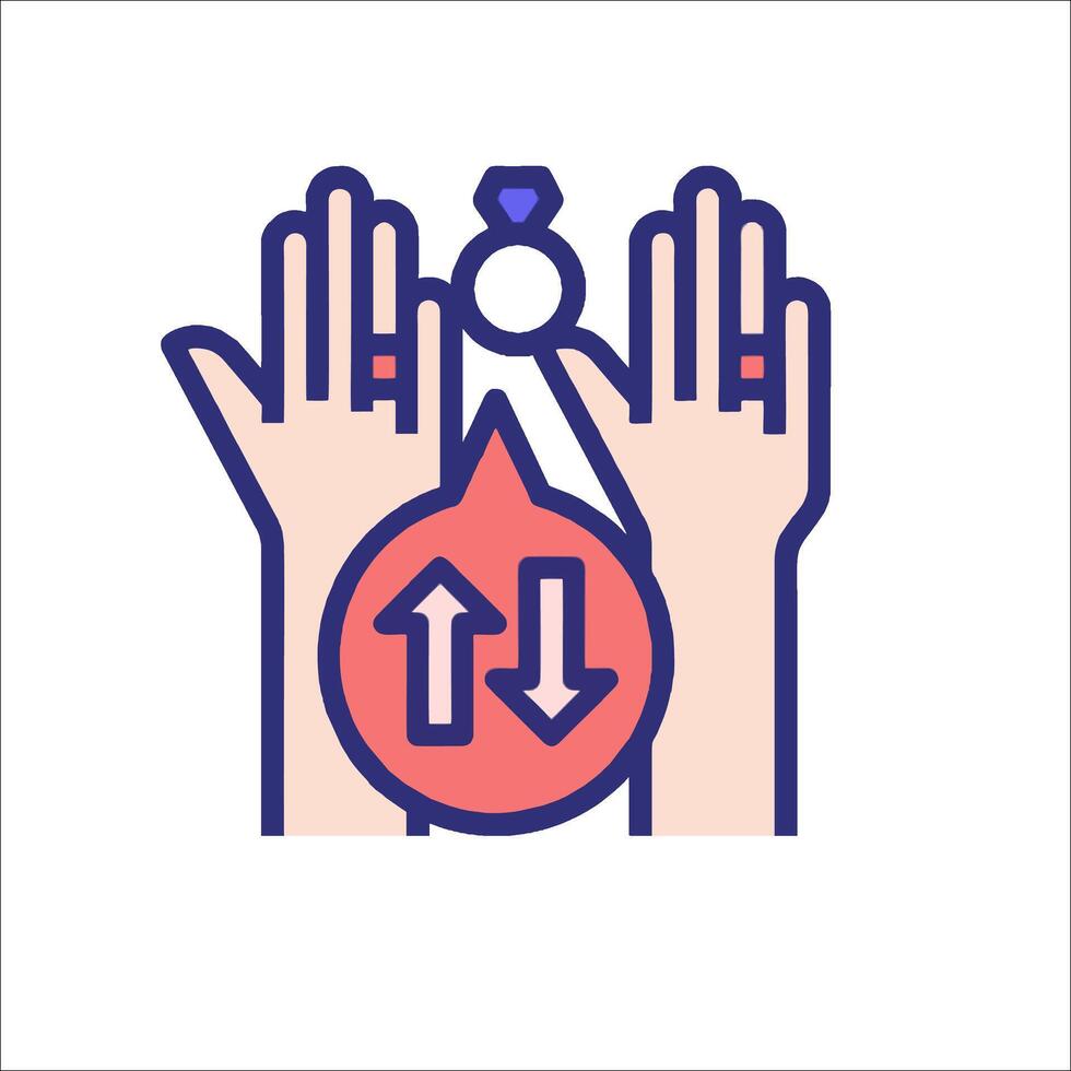 Two hands holding up a diamond ring with an arrow pointing to it vector