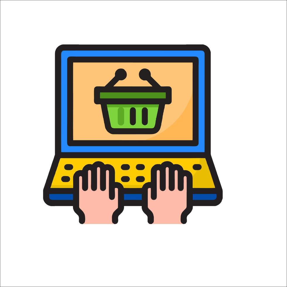 Hands on laptop with shopping basket icon vector