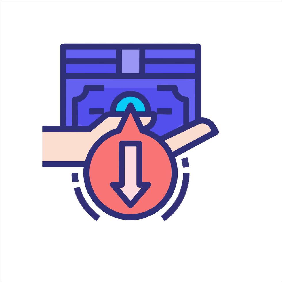 A hand holding a wallet with a red arrow pointing down vector