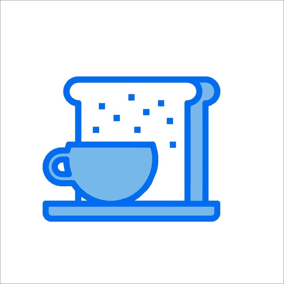 A blue line icon of a cup of coffee and toast vector