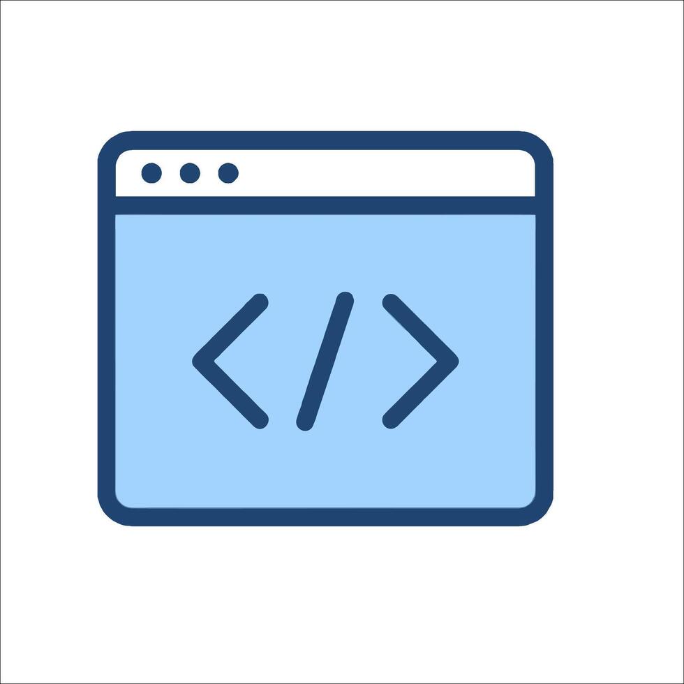 A blue icon of a computer screen with a code symbol vector
