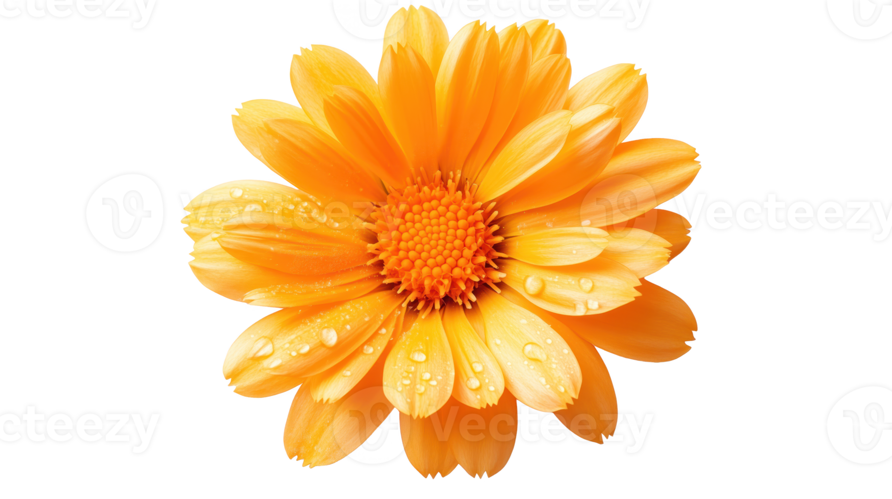 Bright orange flower with dew droplets on petals, isolated on transparent background. png