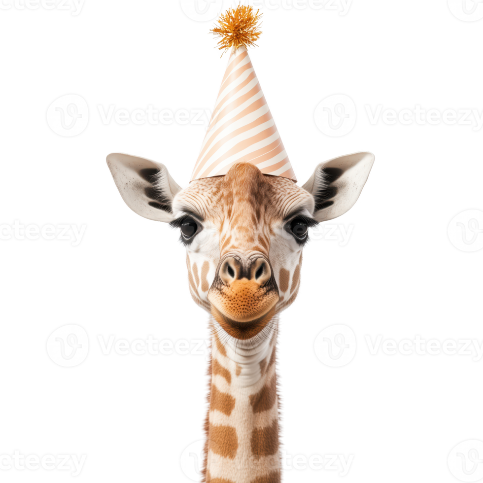 Giraffe wearing a party hat, isolated on transparent background. png