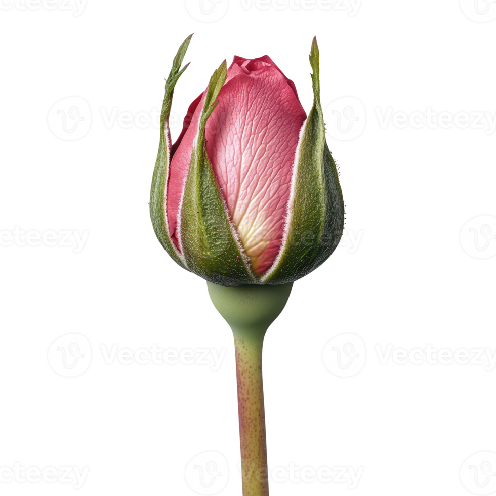 Pink rose bud with green leaves, isolated on transparent background. png