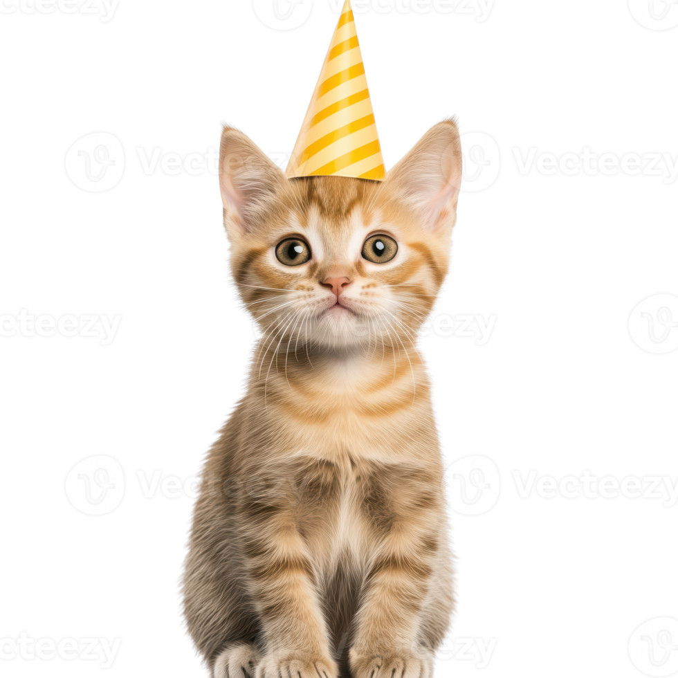 Cute kitten wearing a party hat, isolated on transparent background. png