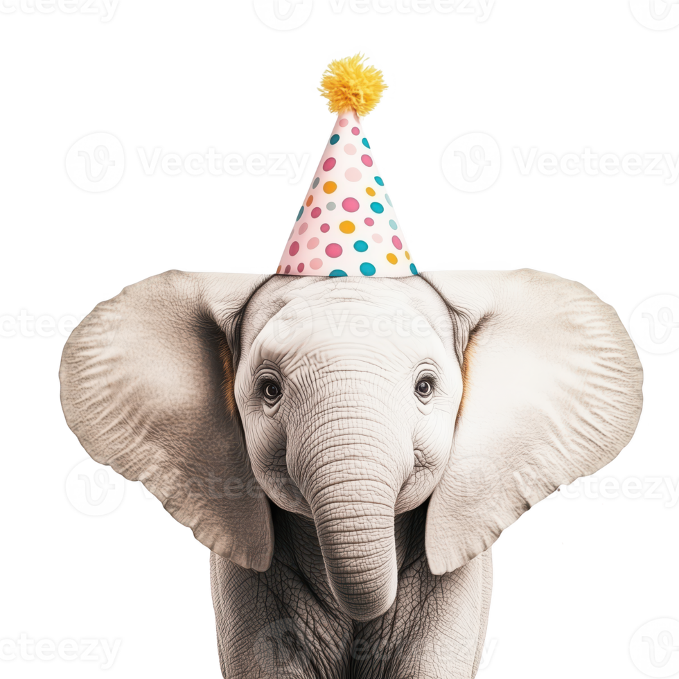Cute elephant wearing a colorful party hat, isolated on transparent background. png