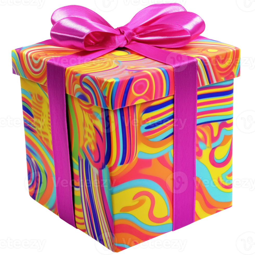 Colorful gift box with a pink ribbon isolated on transparent background. png