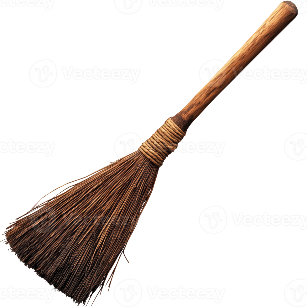 A traditional broom with a wooden handle and natural bristles, ideal for cleaning tasks or decorative purposes. isolated on transparent background. png