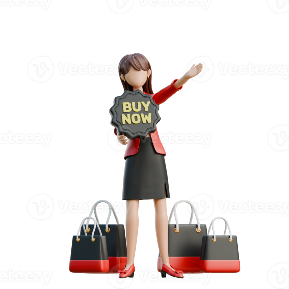 Woman Holding a BUY NOW Button 3D Black Friday Shopping Girl Illustration png
