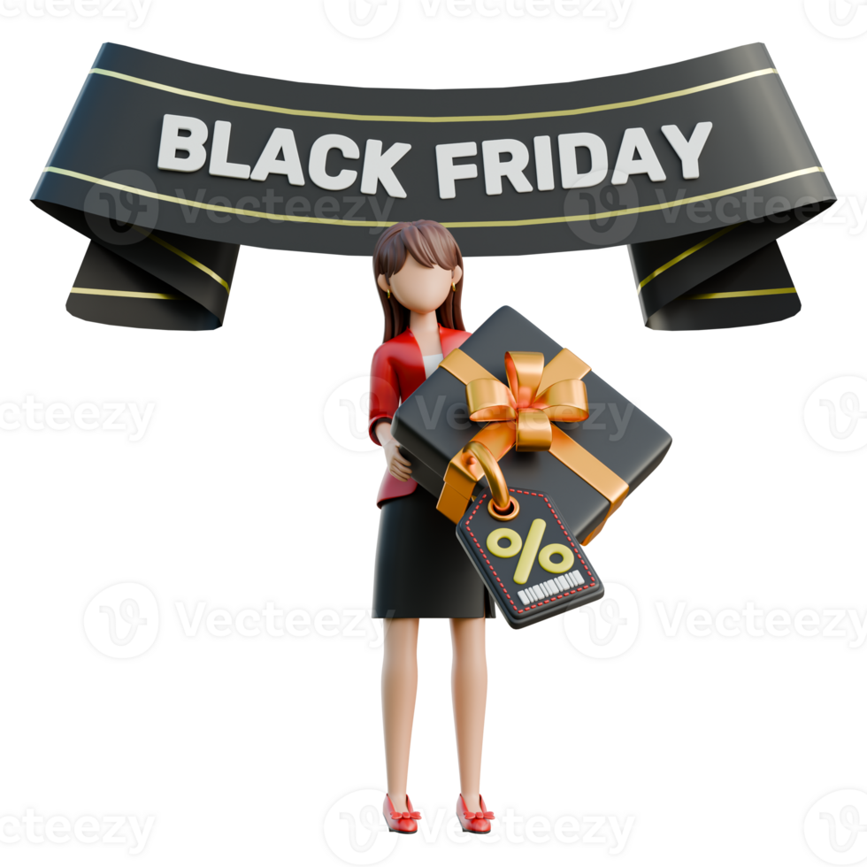 Woman Holding a Big Box with a Black Friday Banner 3D Black Friday Shopping Girl Illustration png