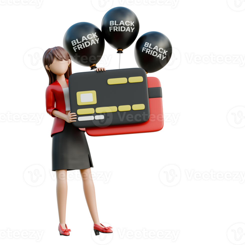 Woman Holding a Gift Card 3D Black Friday Shopping Girl Illustration png