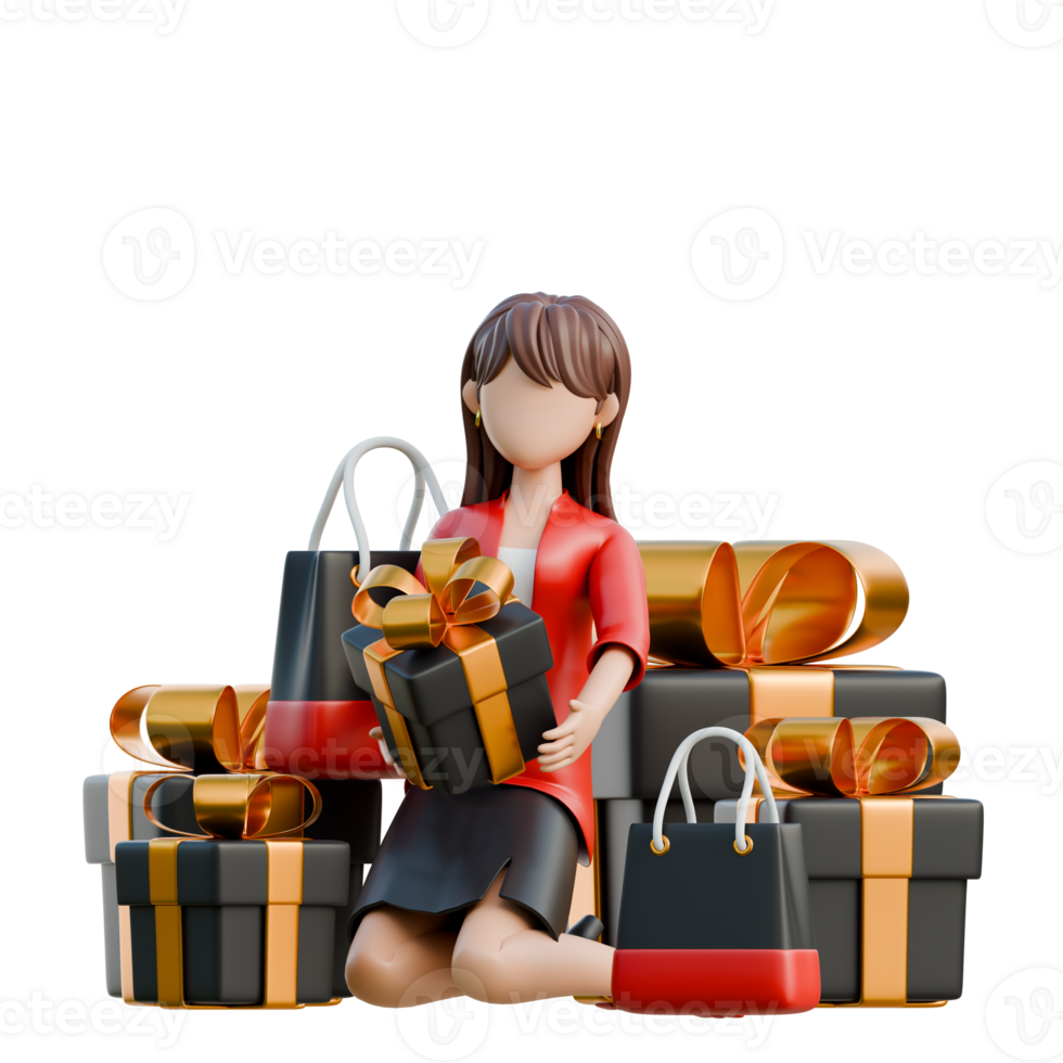 Girl Sitting on a Pile of Shopping Boxes 3D Black Friday Shopping Girl Illustration png