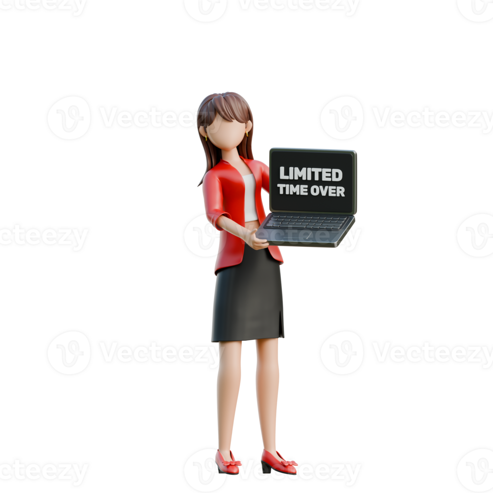 Girl Holding a Laptop with Limited Time Offer Flashing on Screen 3D Black Friday Shopping Girl Illustration png