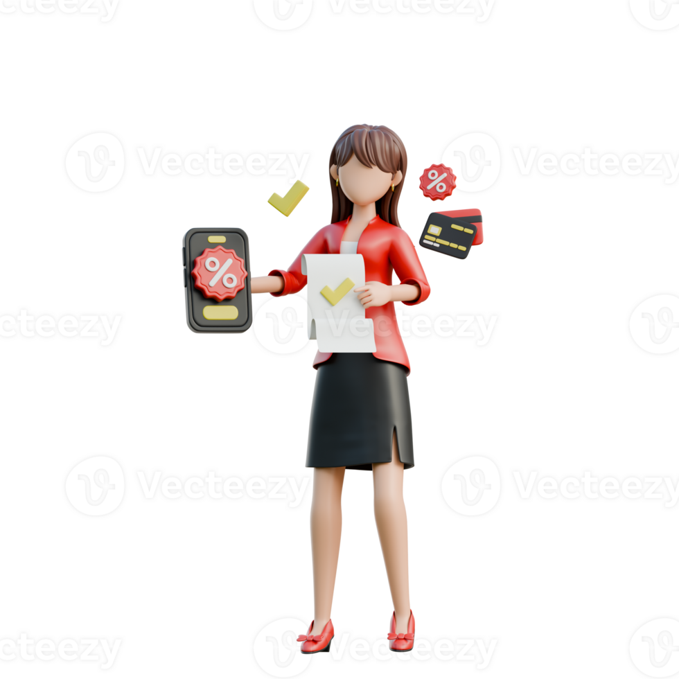 Girl Holding Shopping List and Discount Cards 3D Black Friday Shopping Girl Illustration png