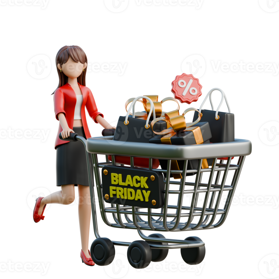 Woman Holding a Trolley Full of Goods 3D Black Friday Shopping Girl Illustration png