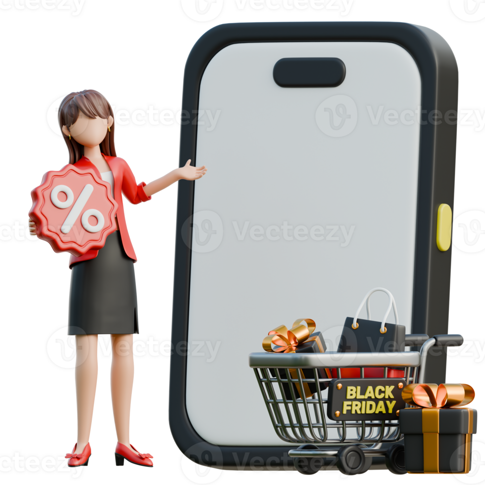 Girl Excitedly Opening a Shopping App 3D Black Friday Shopping Girl Illustration png