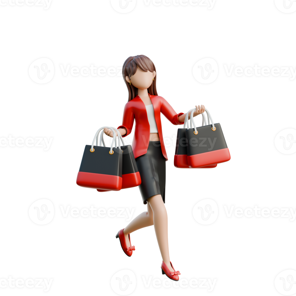 Excited Girl Holding Shopping Bags 3D Black Friday Shopping Girl Illustration png