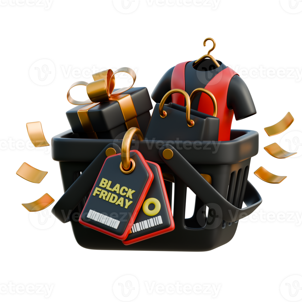 Shopping Basket with Discount Labels 3D Black Friday Sale Icon for uiux, web, app, infographic, etc png