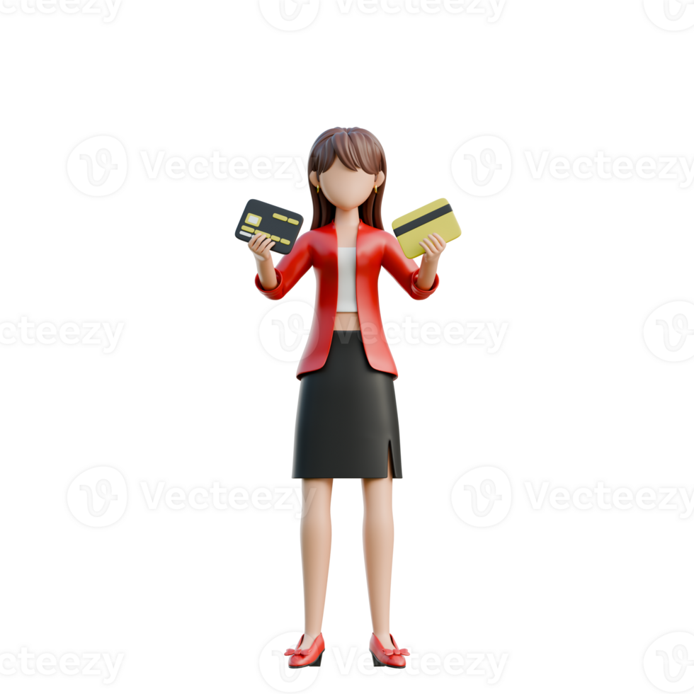 Woman Holding Multiple Credit Cards Ready to Shop 3D Black Friday Shopping Girl Illustration png