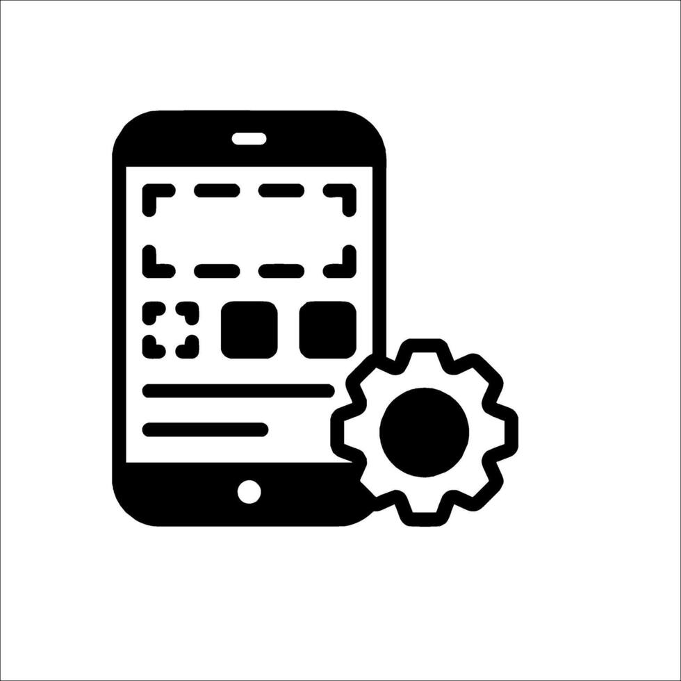A black and white icon of a smartphone with a gear wheel vector
