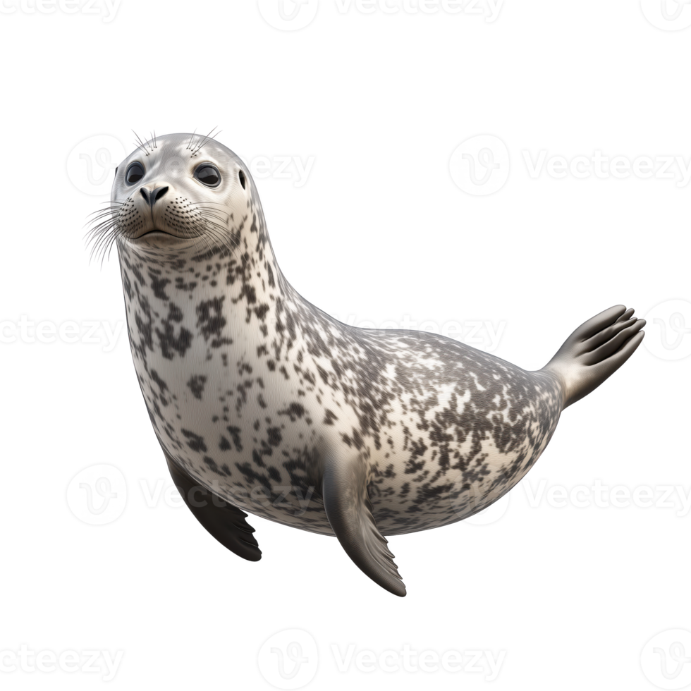 Adorable seal with spotted fur swimming gracefully in clear water, captured in stunning detail. isolated on transparent background. png
