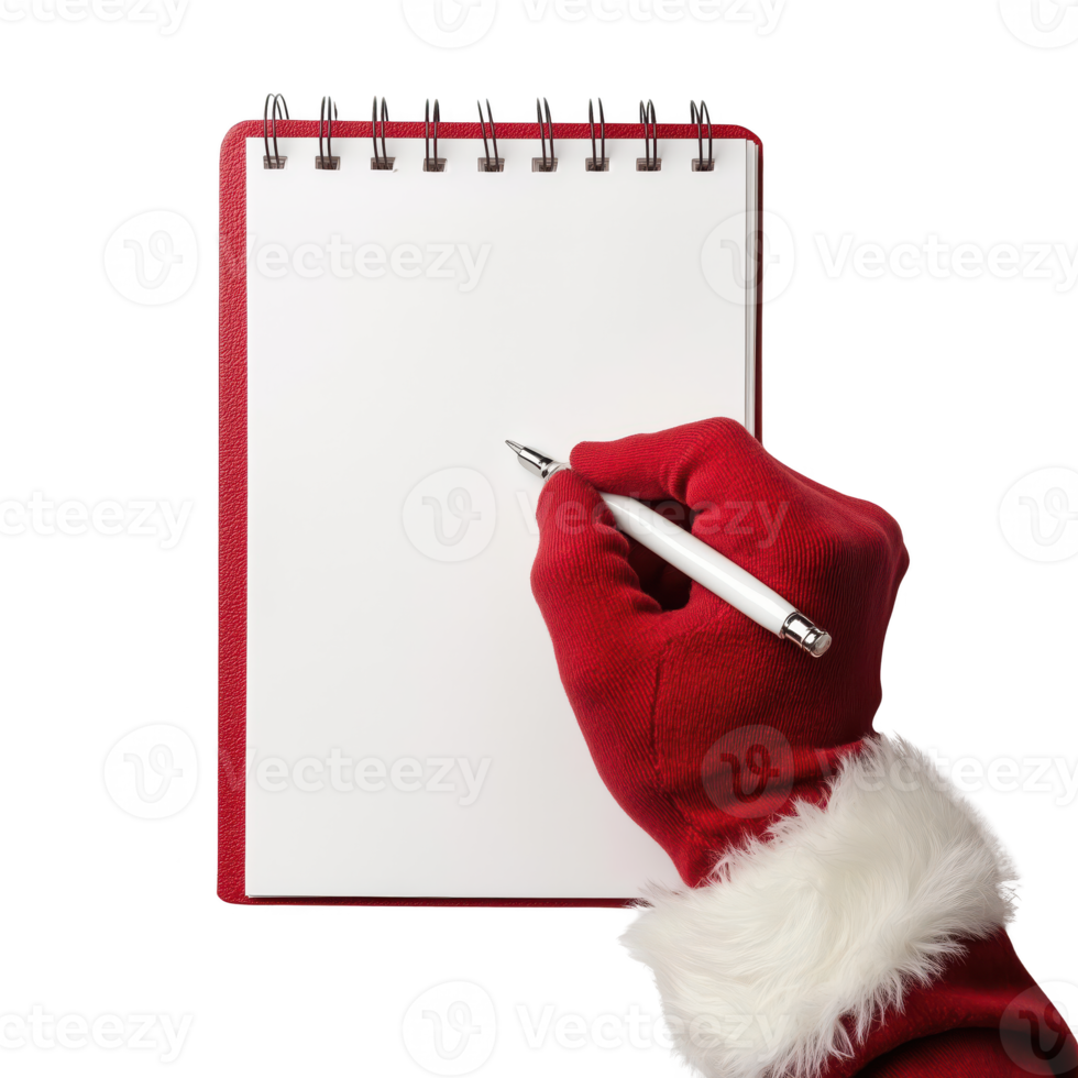 Santa Claus hand holding a pen, ready to write on a blank notepad, isolated on transparent background. png