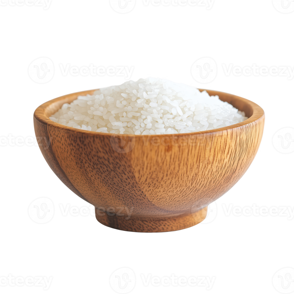 A wooden bowl filled with white rice isolated on transparent background. png