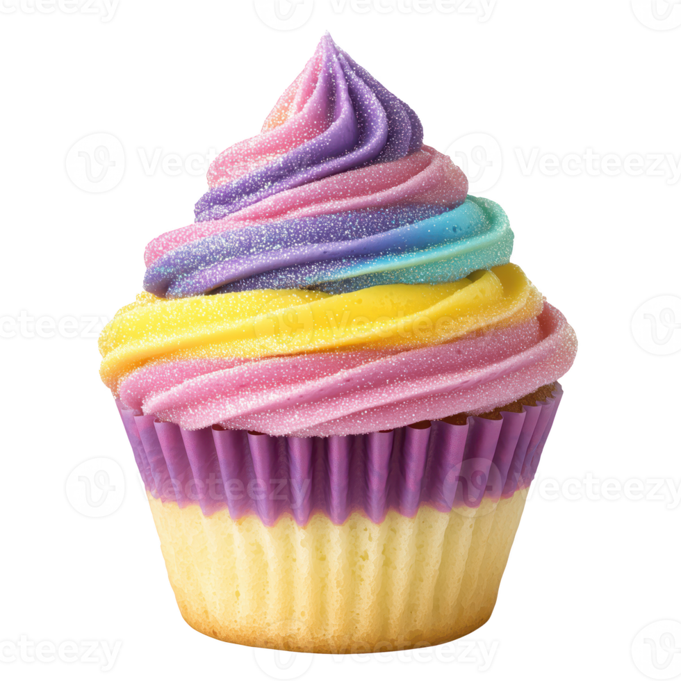 A colorful, swirl-topped cupcake with vibrant frosting in purple, pink, blue, and yellow shades. isolated on transparent background png