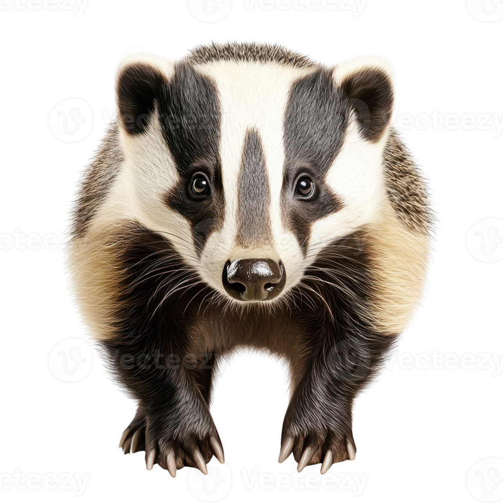 Close-up view of a badger isolated on transparent background, showcasing its distinctive black and white markings. png