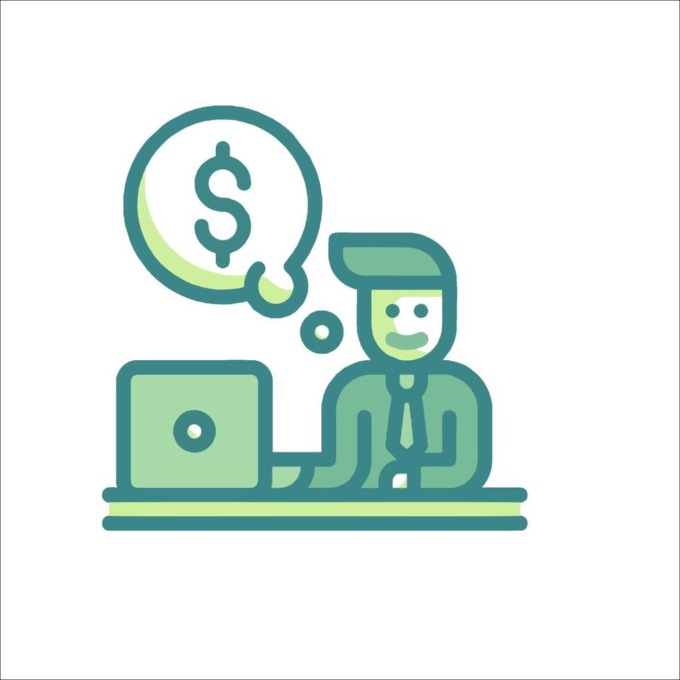 A man is sitting at a desk with a laptop and a dollar sign above him vector