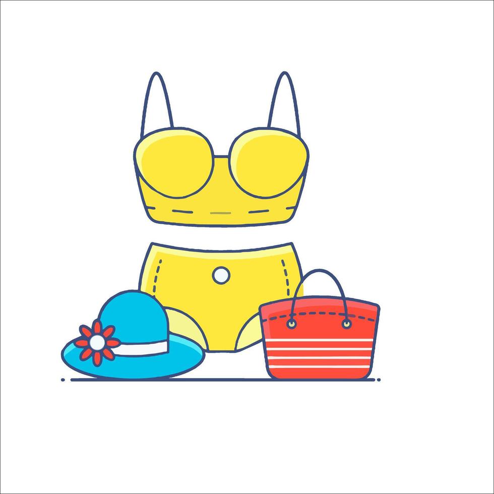 A yellow bikini, hat and bag vector