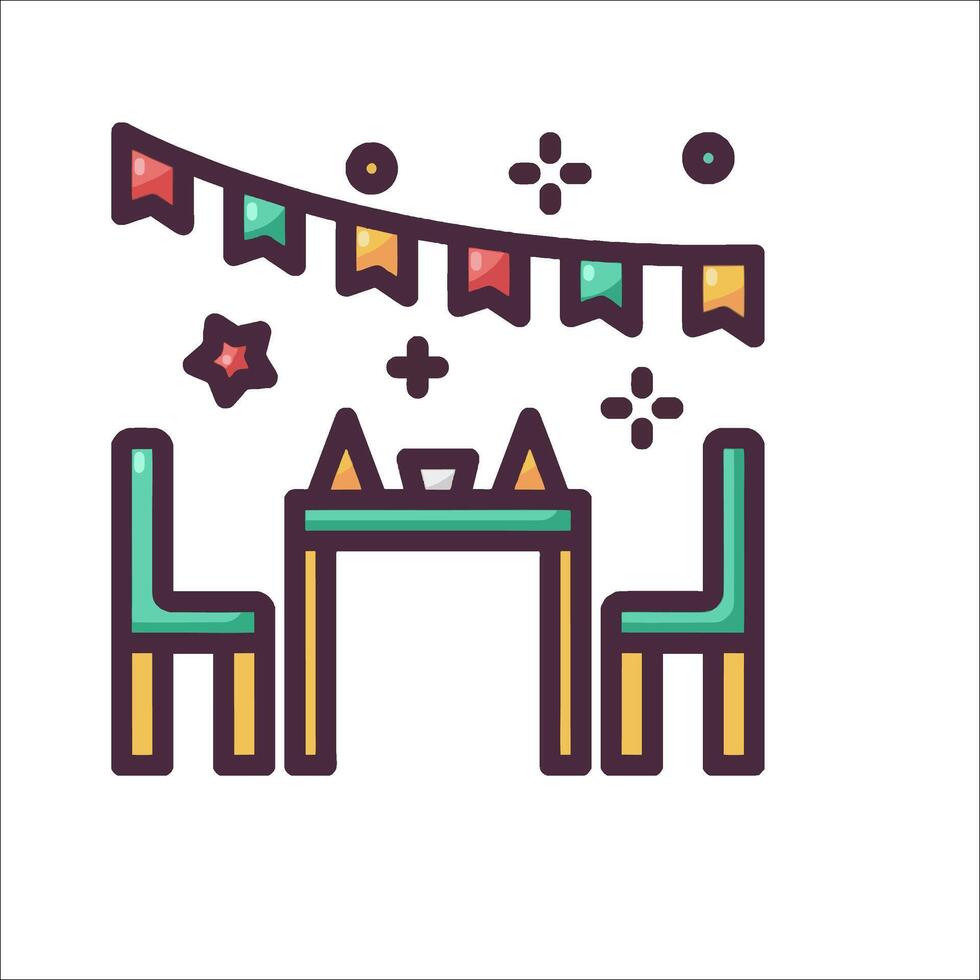 A table and chairs with a bunting and decorations vector