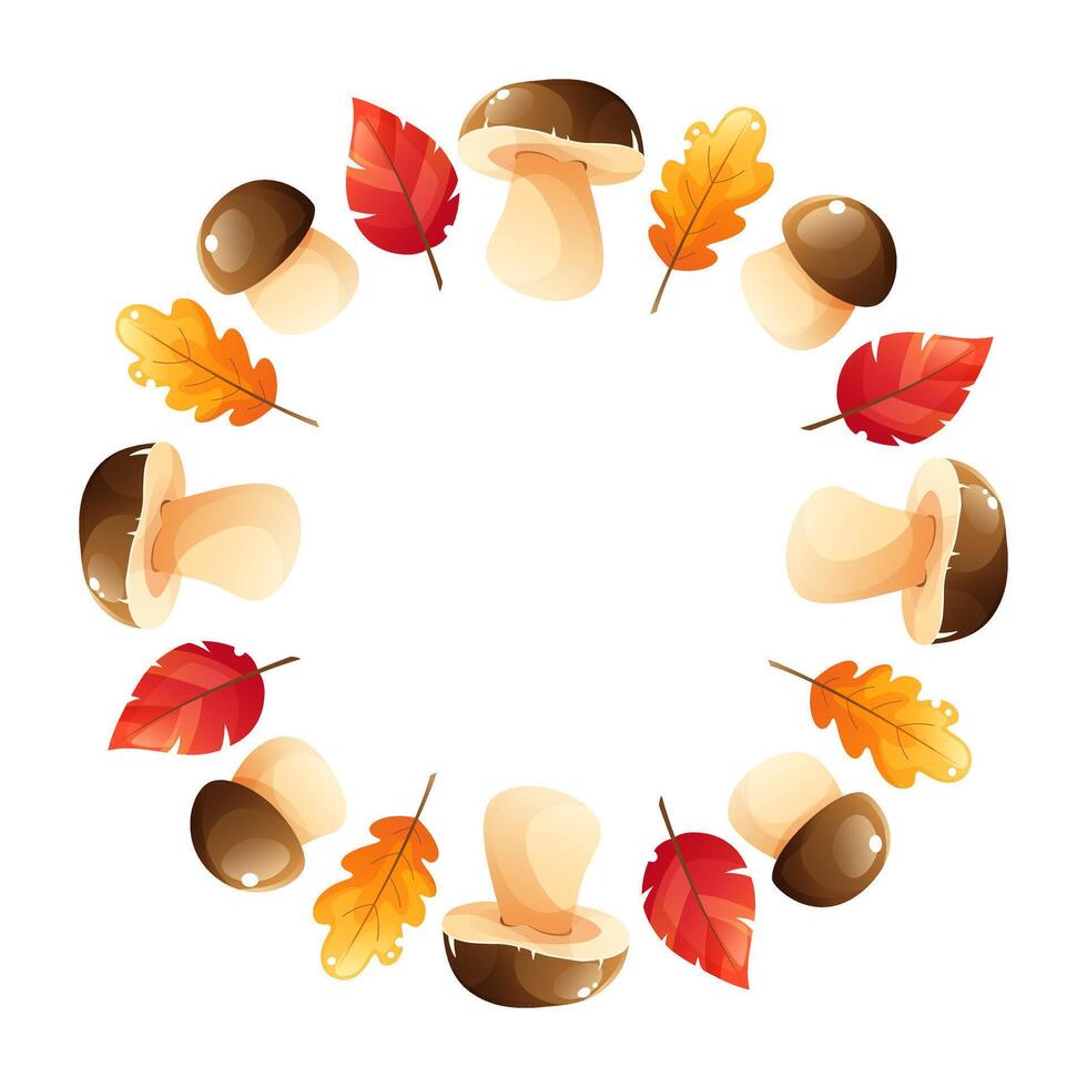 Round floral frame, round wreath of mushrooms and autumn leaves, empty space for text. Mushroom harvest. illustration on isolated white background, suitable for autumn designs, cards. vector