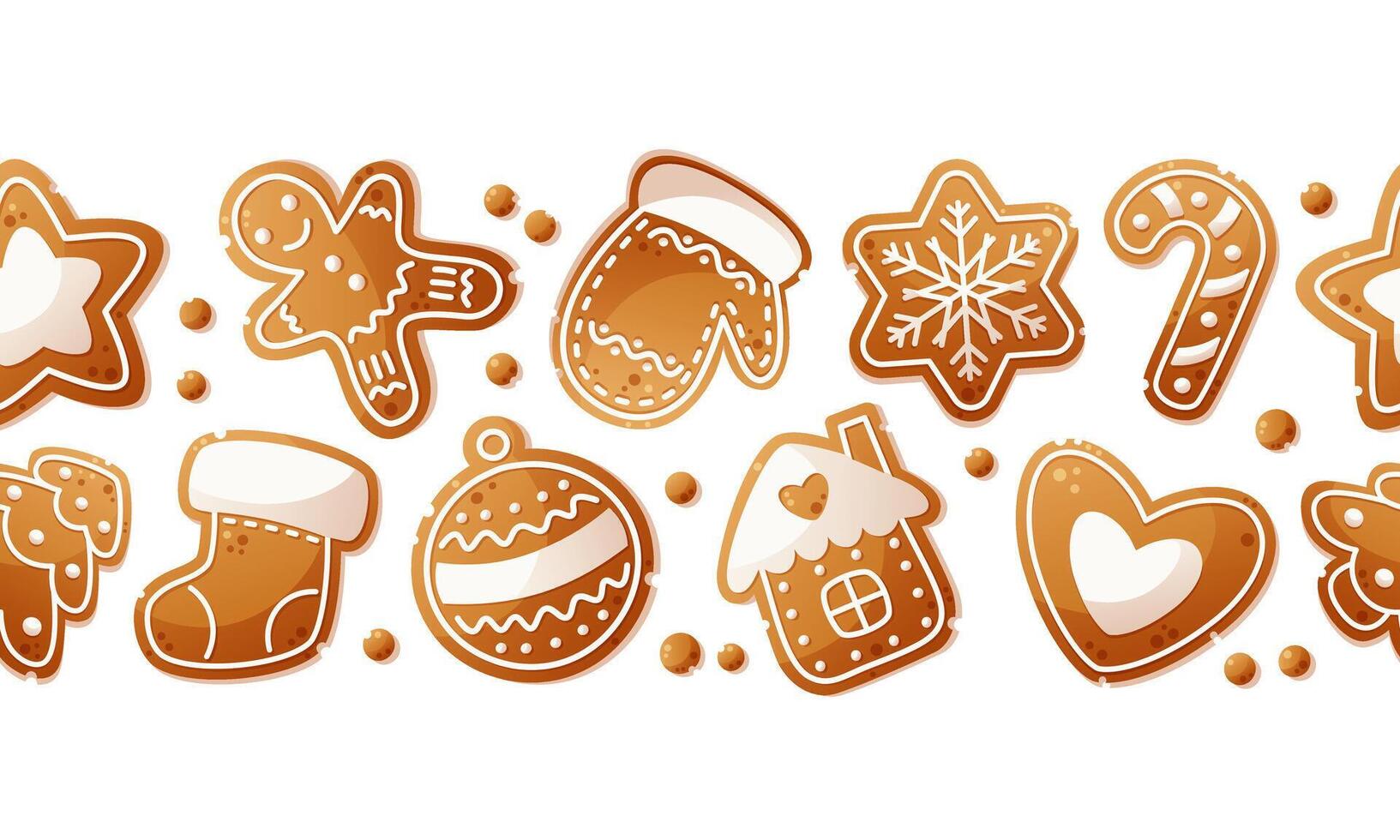 Seamless border made of gingerbread of different shapes. Christmas pattern made of gingerbread cookies in the form of a man, gingerbread house, star and Christmas tree ball. New Year's design. vector
