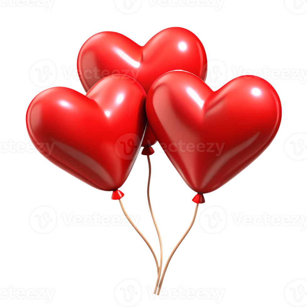 Heart-shaped red balloons 3d illustration isolated on the transparent background png