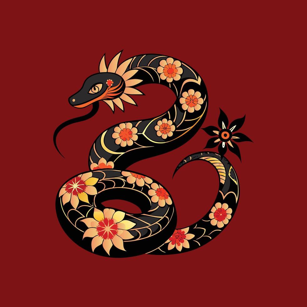 Zodiac Snake Black and Red Floral Pattern Body Decoration, Chinese New Year, Year of The Snake 2025 vector