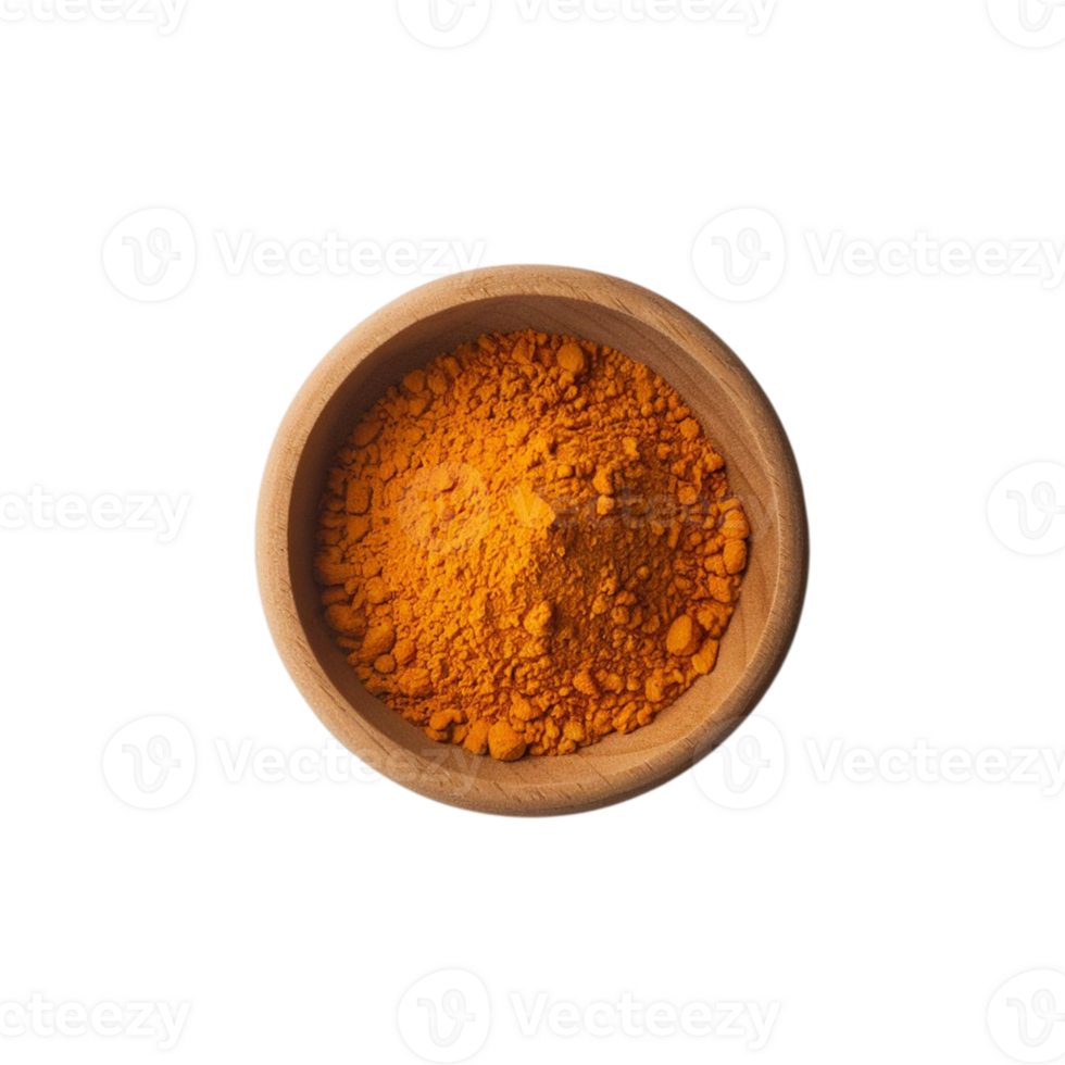 Top-down view of a rustic bowl brimming with turmeric pieces png