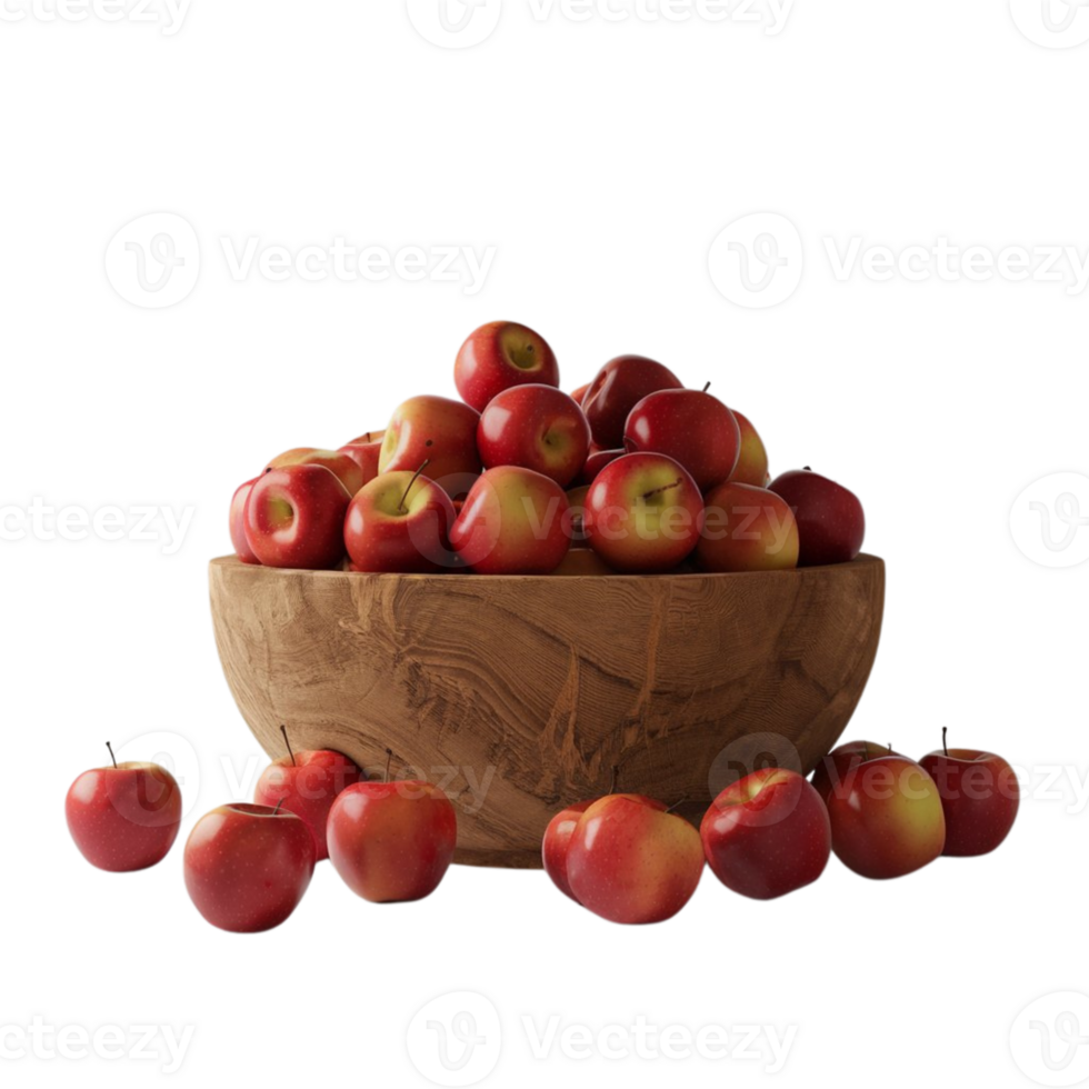 Photograph showcasing a wooden bowl full of vibrant red apples png