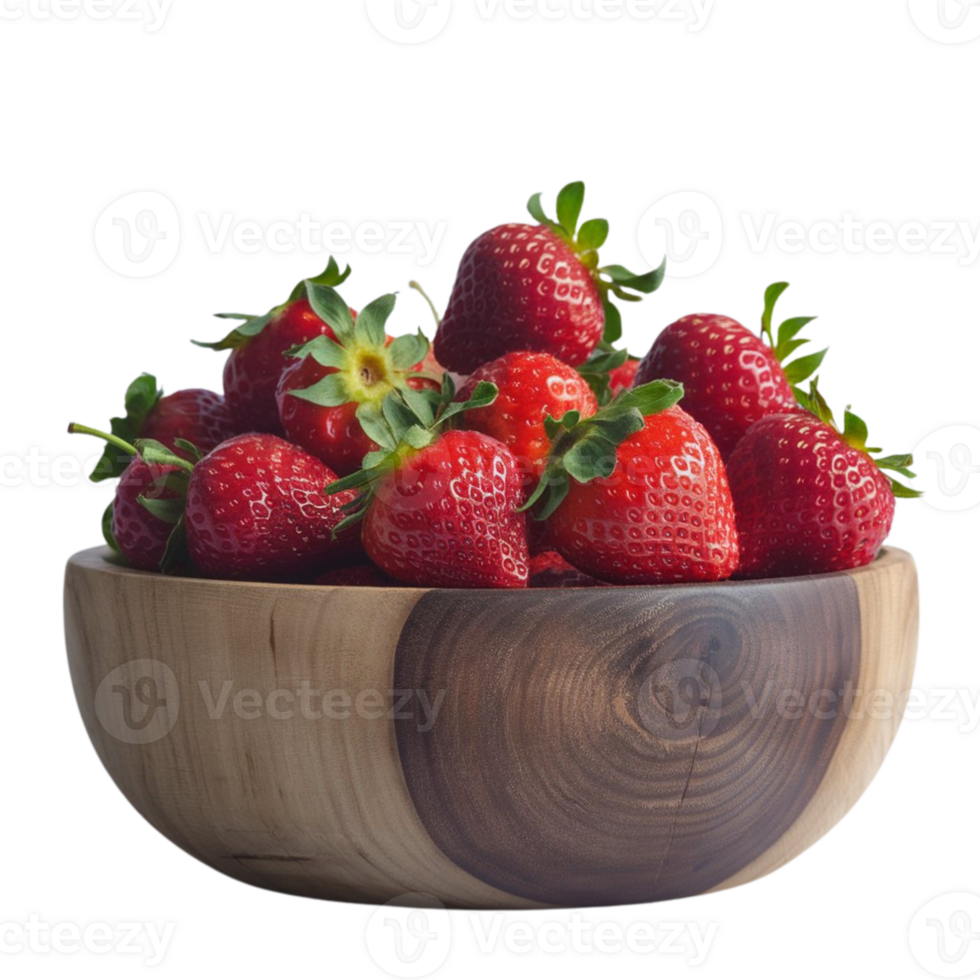 Image of a rustic wooden bowl brimming with fresh strawberries png