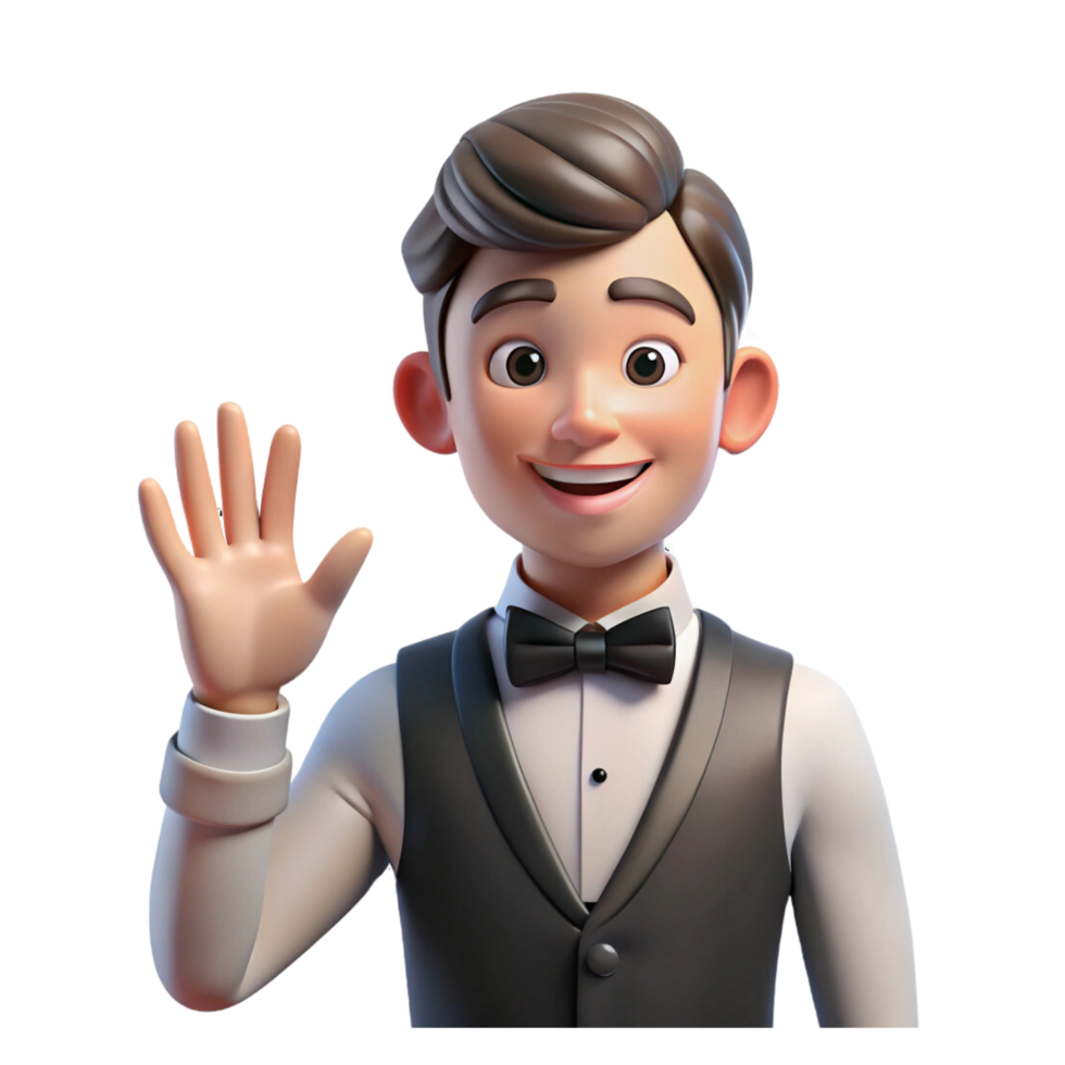 3d cartoon man in a tuxedo waving his hand png